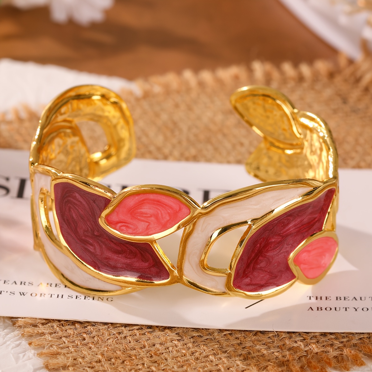 Irregular Color-Block Enamel Hammered Open Cuff Bracelet